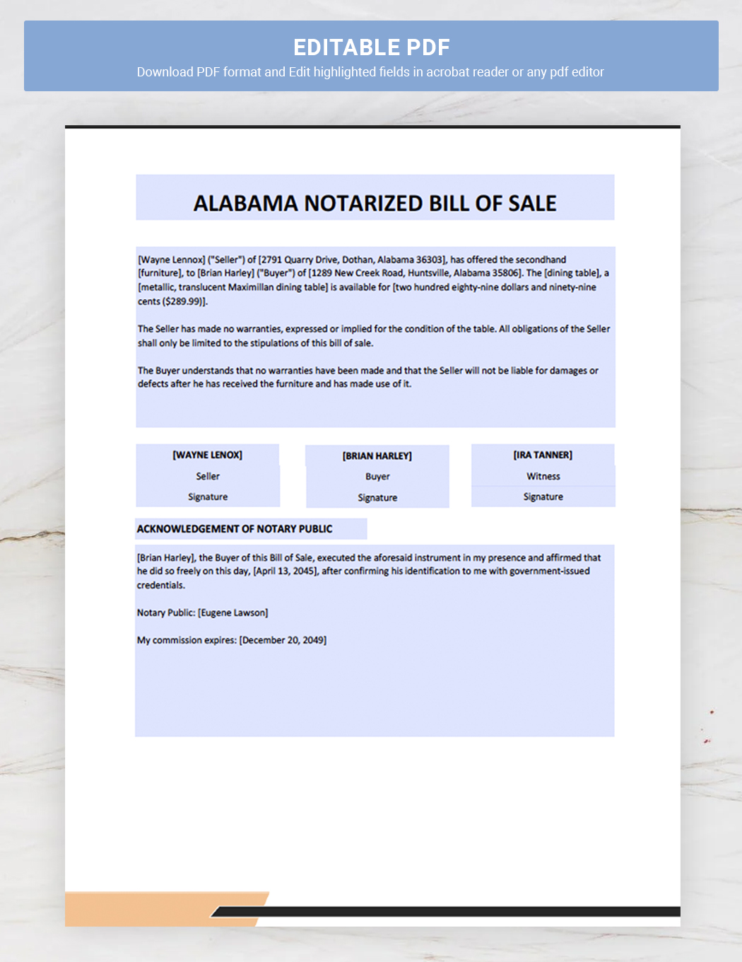 Alabama Notarized Bill of Sale Template