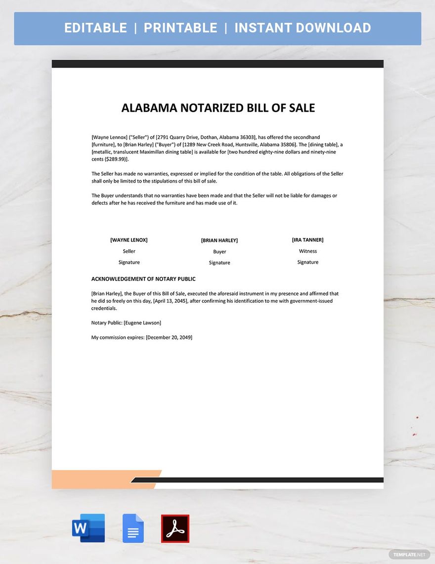 Alabama Notarized Bill of Sale Template