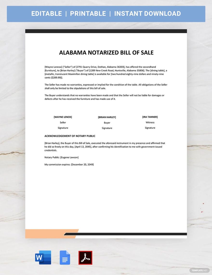 Alabama Bill Of Sale For Car Template In PDF Word Google Docs 