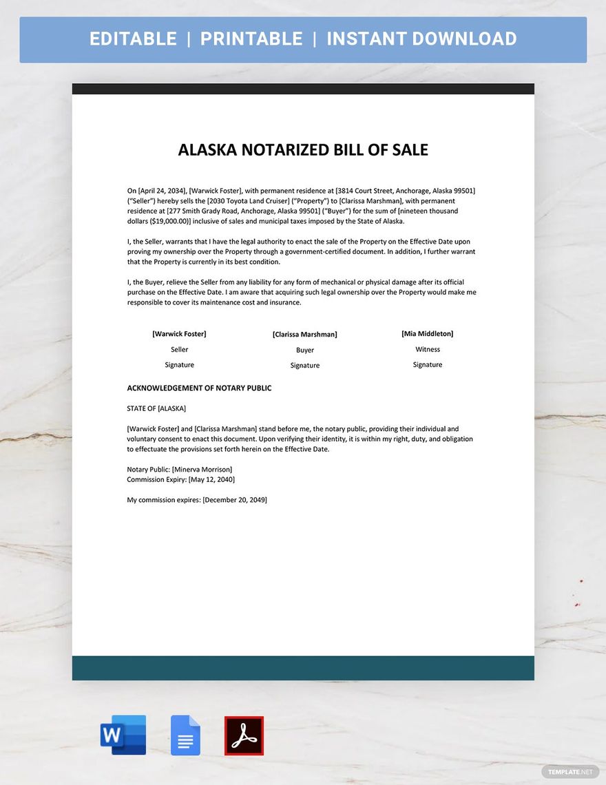 Alaska Notarized Bill of Sale Template