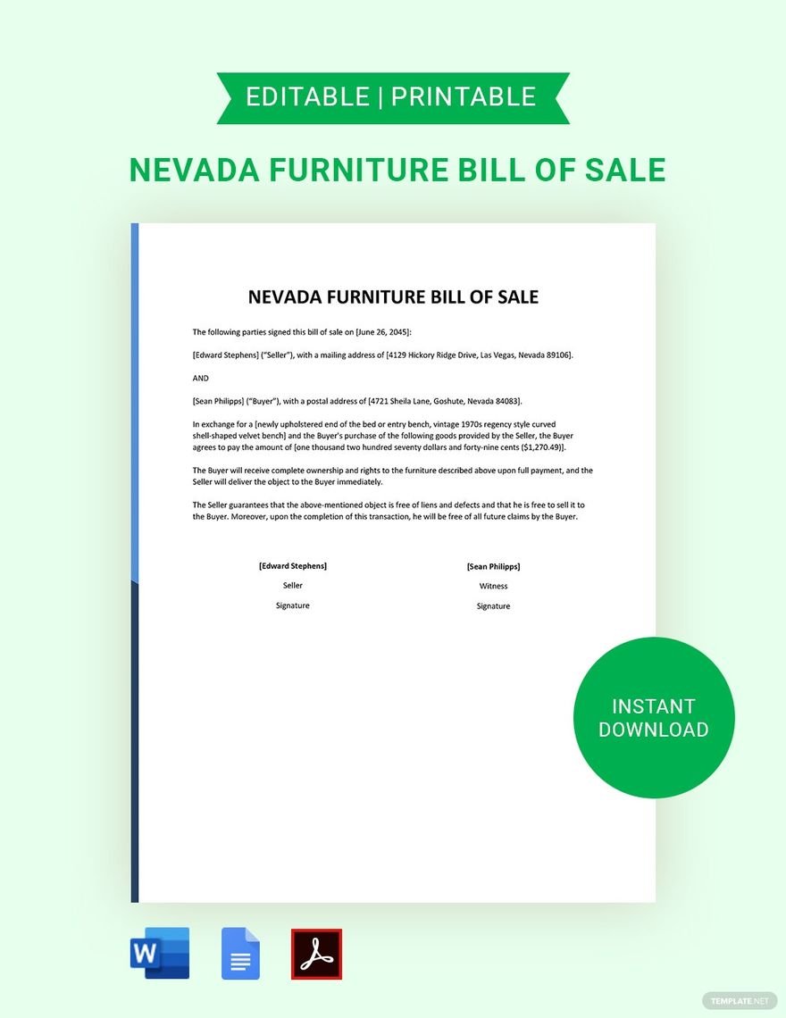 Nevada Furniture Bill of Sale Template in Word, Google Docs, PDF