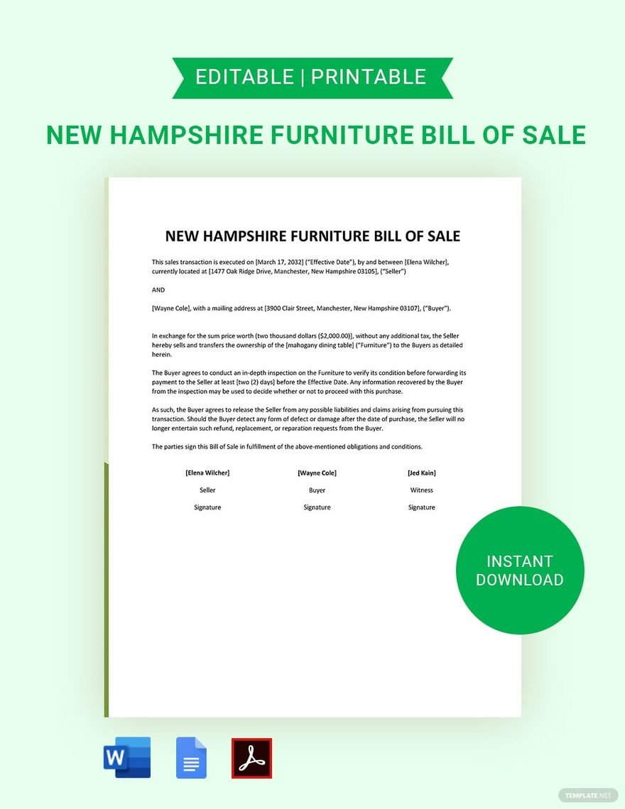 New Hampshire Furniture Bill of Sale Template in Word, Google Docs, PDF