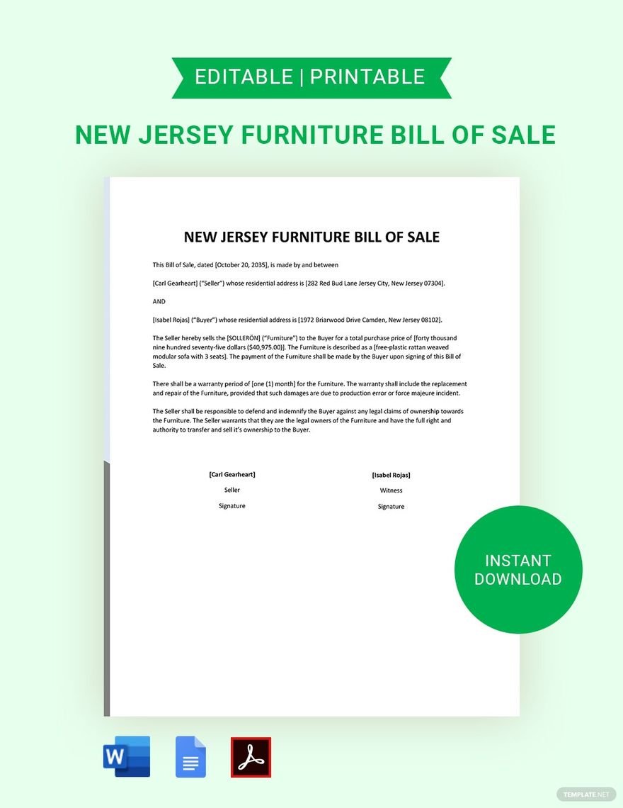 Free New Jersey Furniture Bill of Sale Form Template in Word, Google Docs, PDF