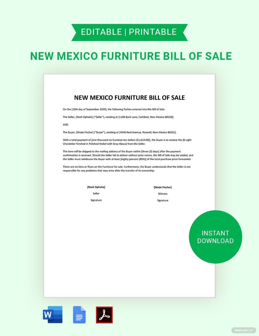 New Mexico Furniture Bill of Sale Template in Word, Google Docs, PDF