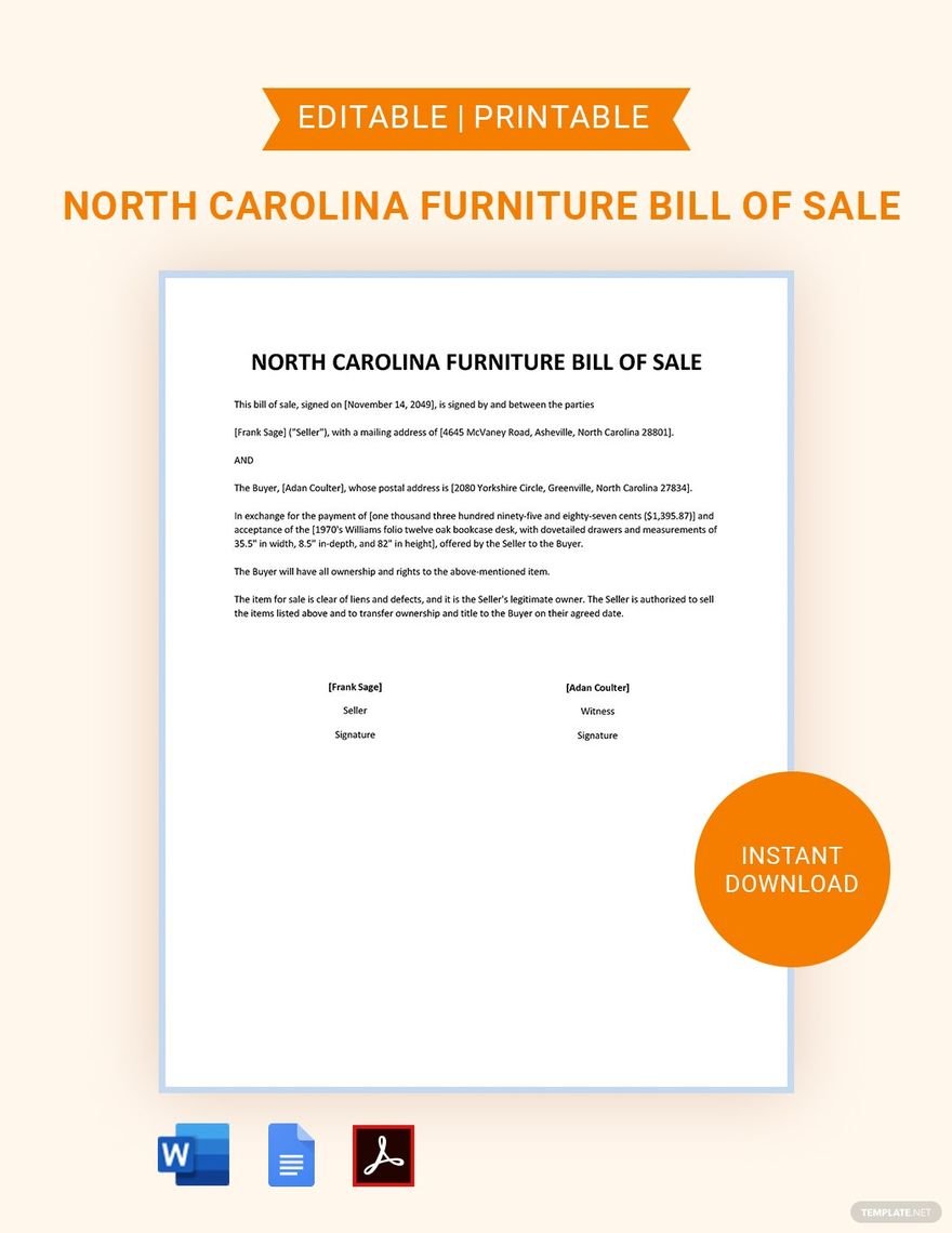 North Carolina Furniture Bill of Sale Template