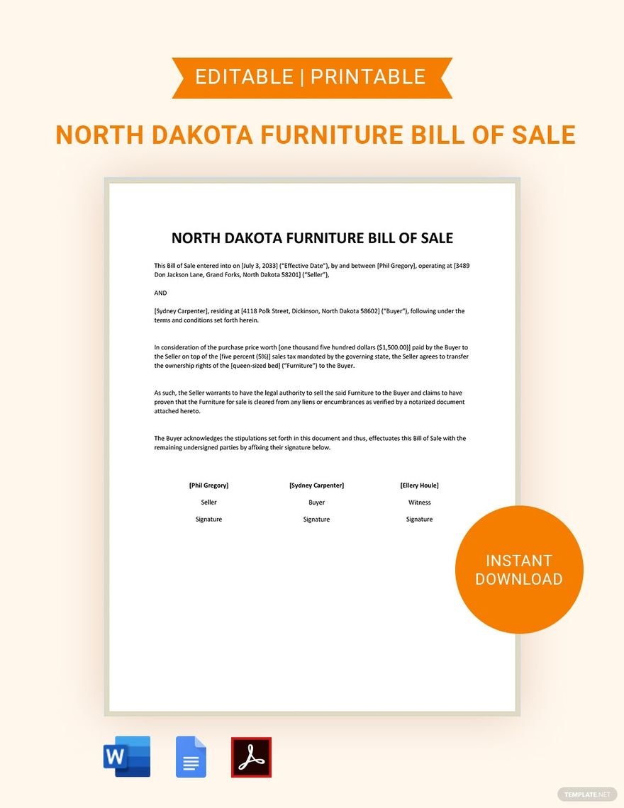 North Dakota Furniture Bill of Sale Template in Word, Google Docs, PDF