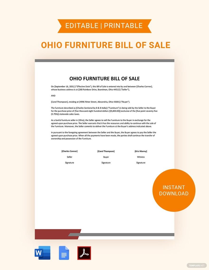 Free Ohio Furniture Bill of Sale Form Template in Word, Google Docs, PDF