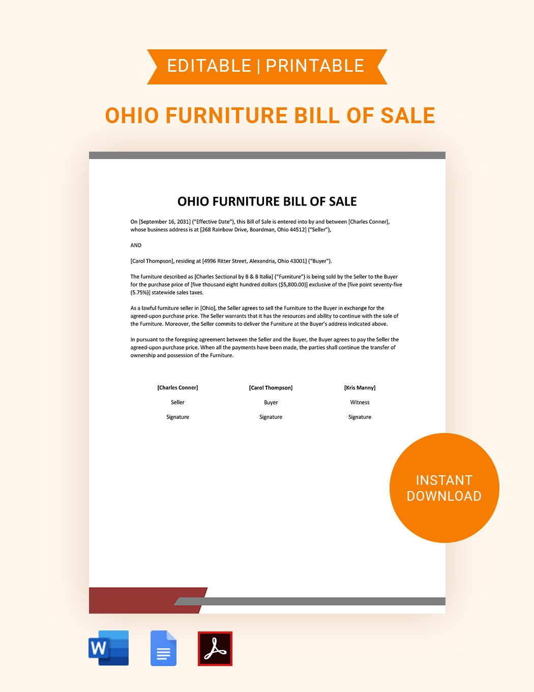 Free Ohio Furniture Bill of Sale Form Template Google Docs, Word, PDF