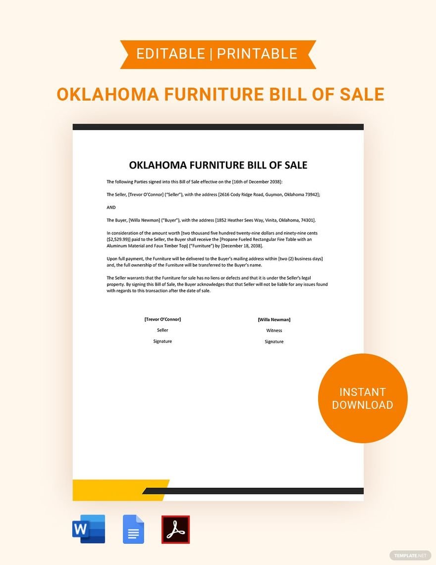 Oklahoma Furniture Bill of Sale Template