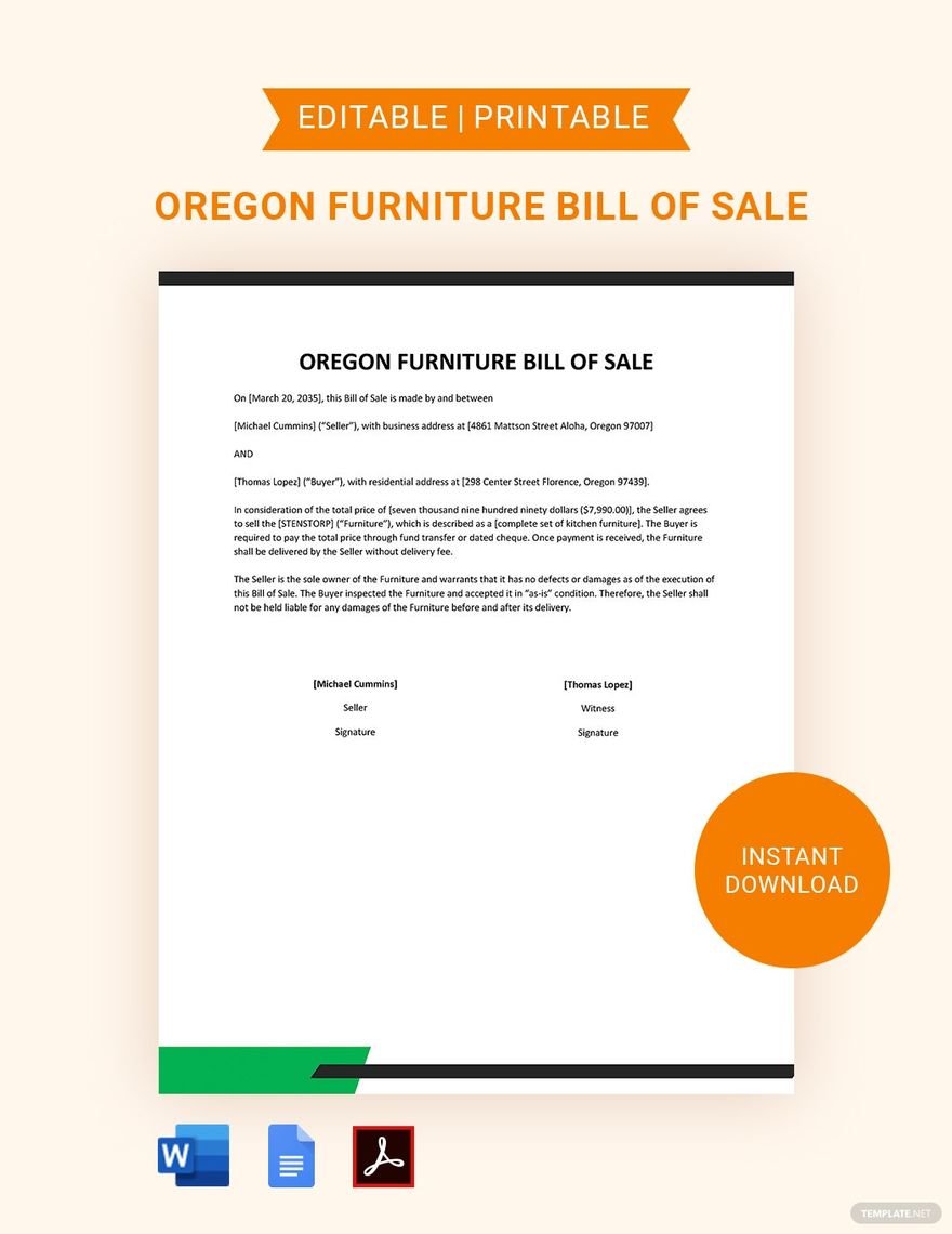 Oregon Furniture Bill of Sale Template in Google Docs Word PDF