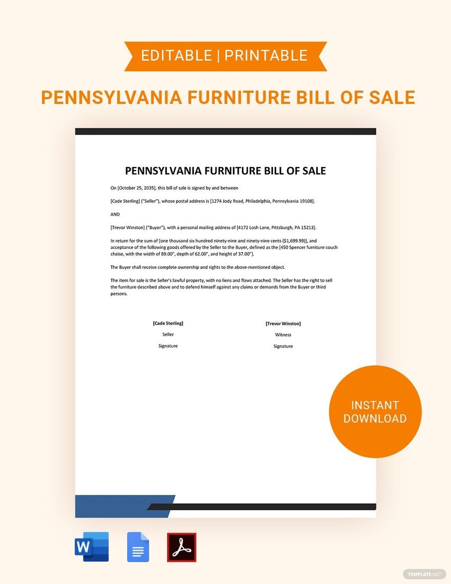 Pennsylvania Furniture Bill of Sale Template in Word, Google Docs, PDF