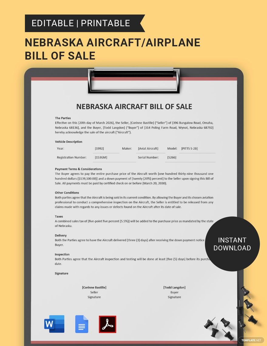 Nebraska Aircraft/Airplane Bill of Sale Template