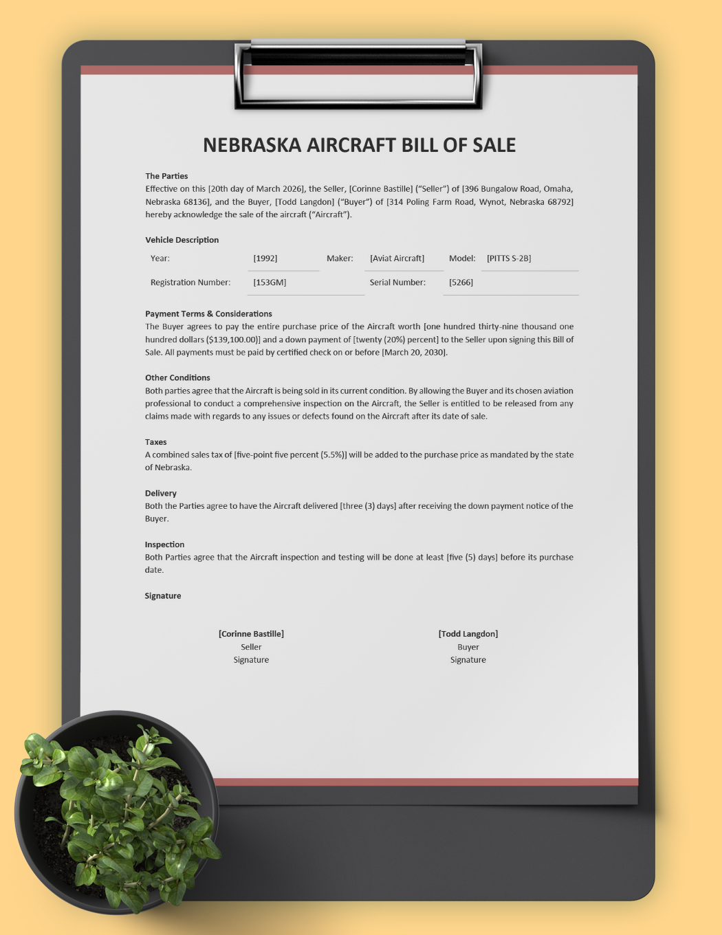 Nebraska Aircraft/Airplane Bill of Sale Template