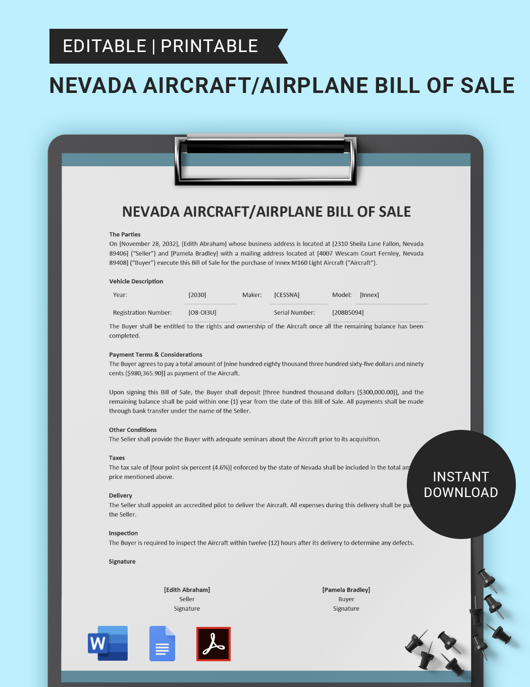 Louisiana Aircraft / Airplane Bill of Sale Template Google Docs, Word, PDF