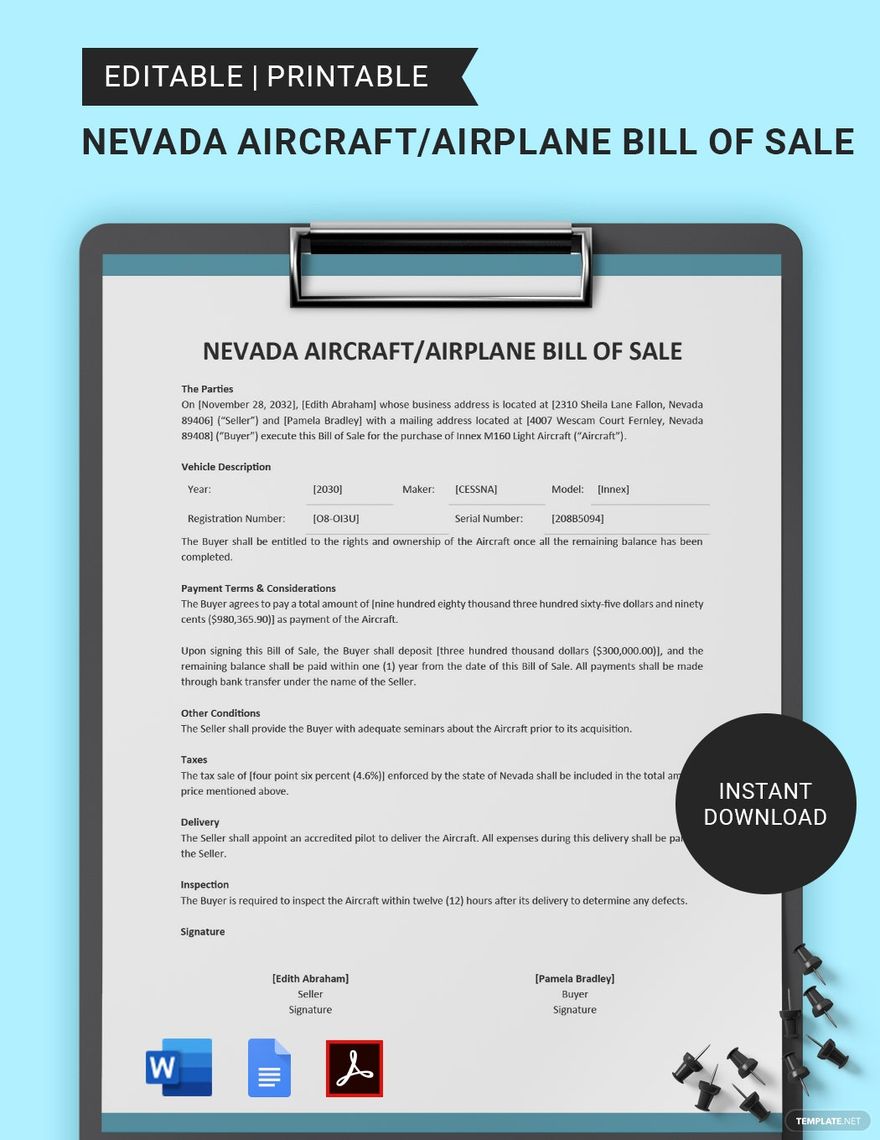 Nevada Aircraft/Airplane Bill of Sale Template in Word, Google Docs, PDF