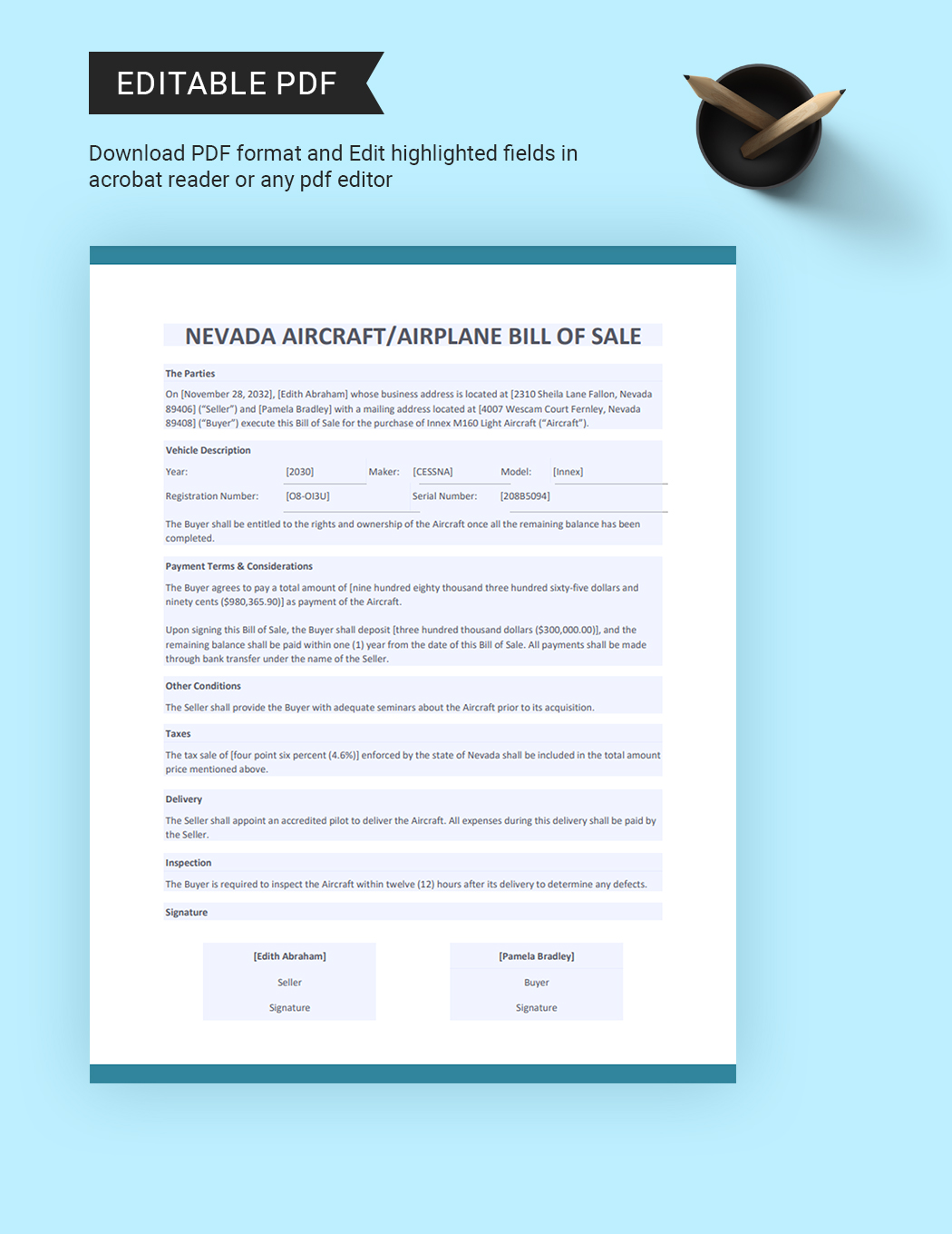 Nevada Aircraft/Airplane Bill of Sale Template