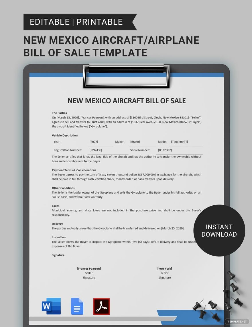 New Mexico Aircraft/Airplane Bill of Sale Template