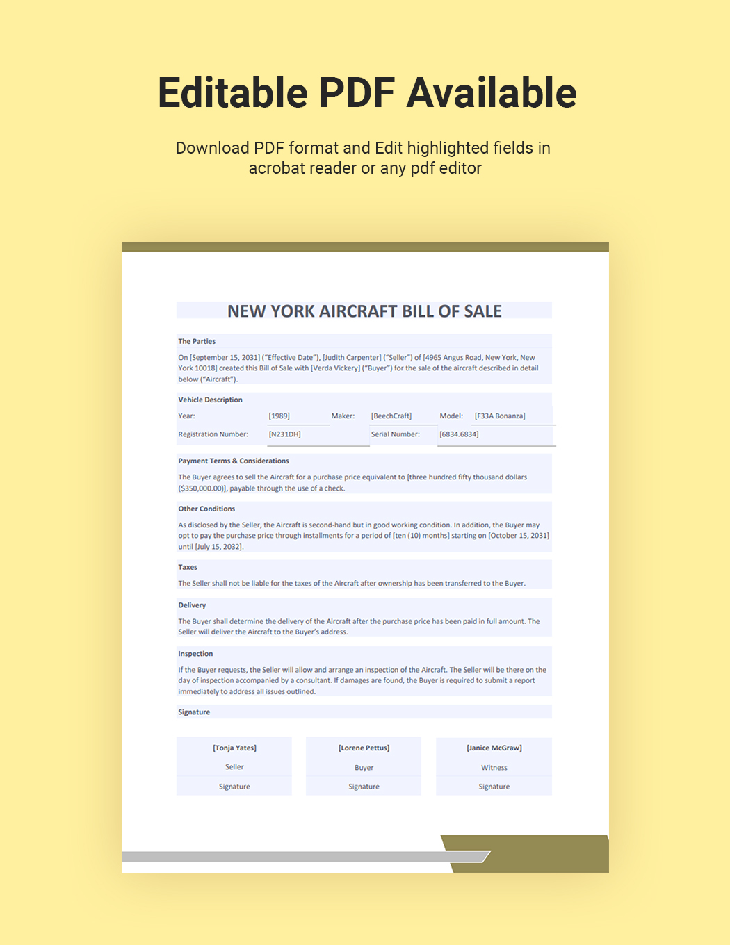 New York Aircraft/Airplane Bill Of Sale Template