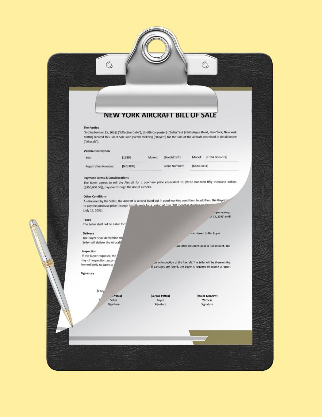 New York Aircraft/Airplane Bill Of Sale Template