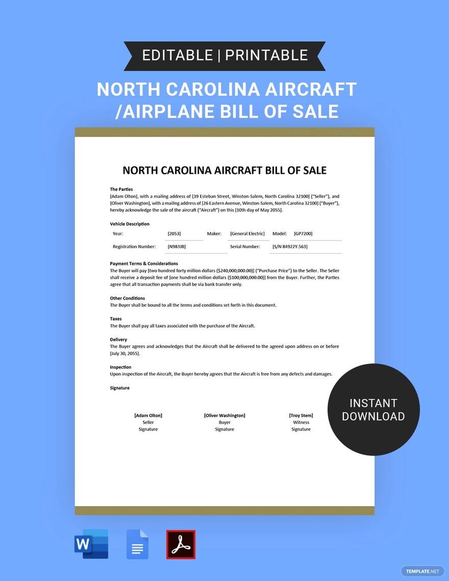North Carolina Aircraft/Airplane Bill of Sale Template