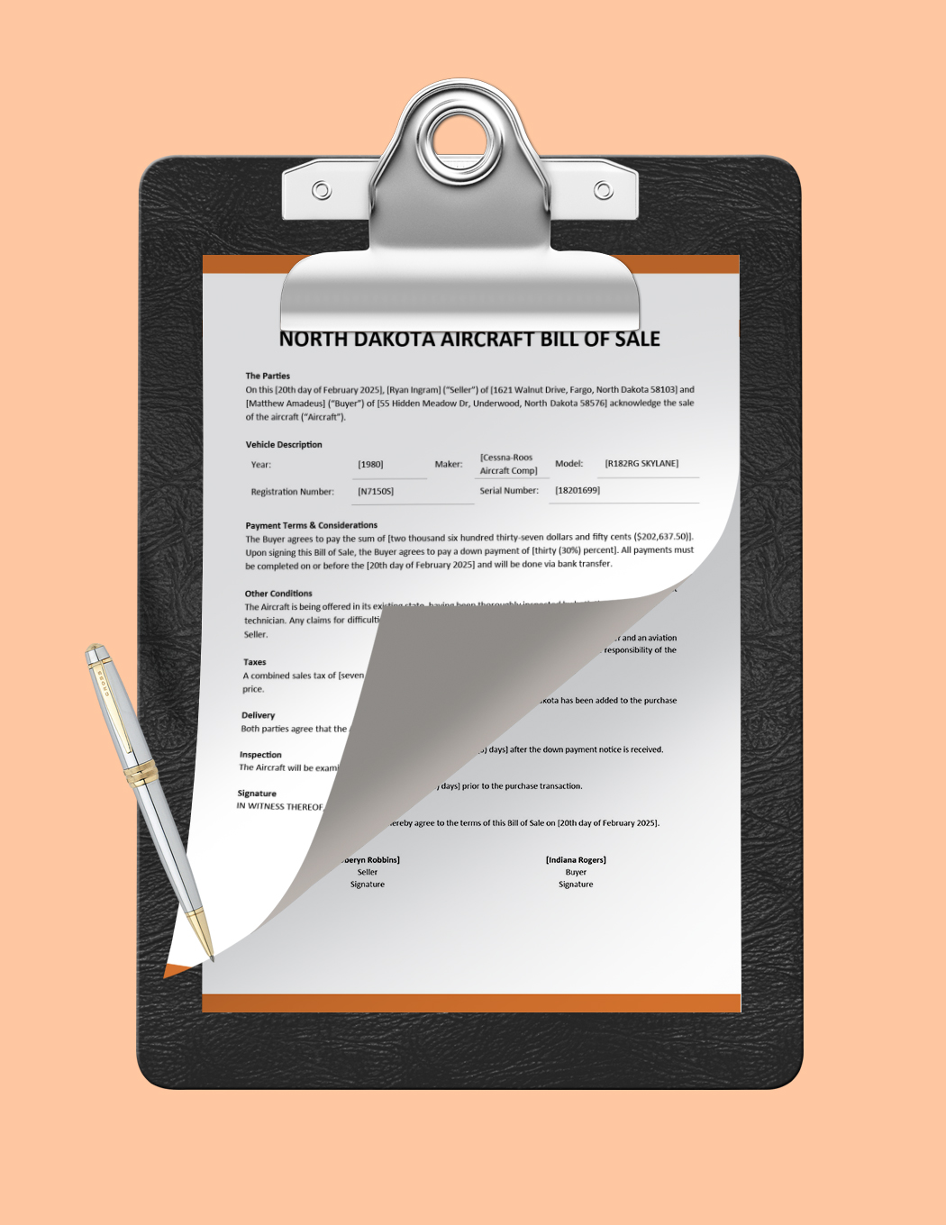 North Dakota Aircraft/Airplane Bill of Sale Template