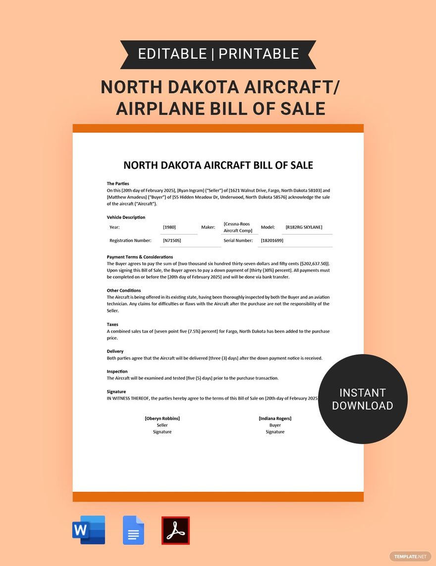 North Dakota Aircraft/Airplane Bill of Sale Template in Word, Google Docs, PDF