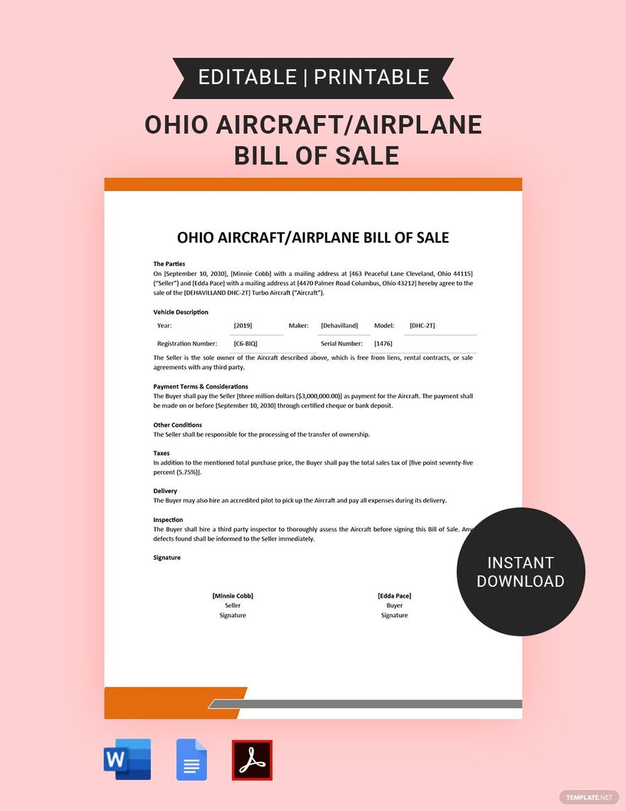 Ohio Aircraft/Airplane Bill of Sale Template in Word, Google Docs, PDF