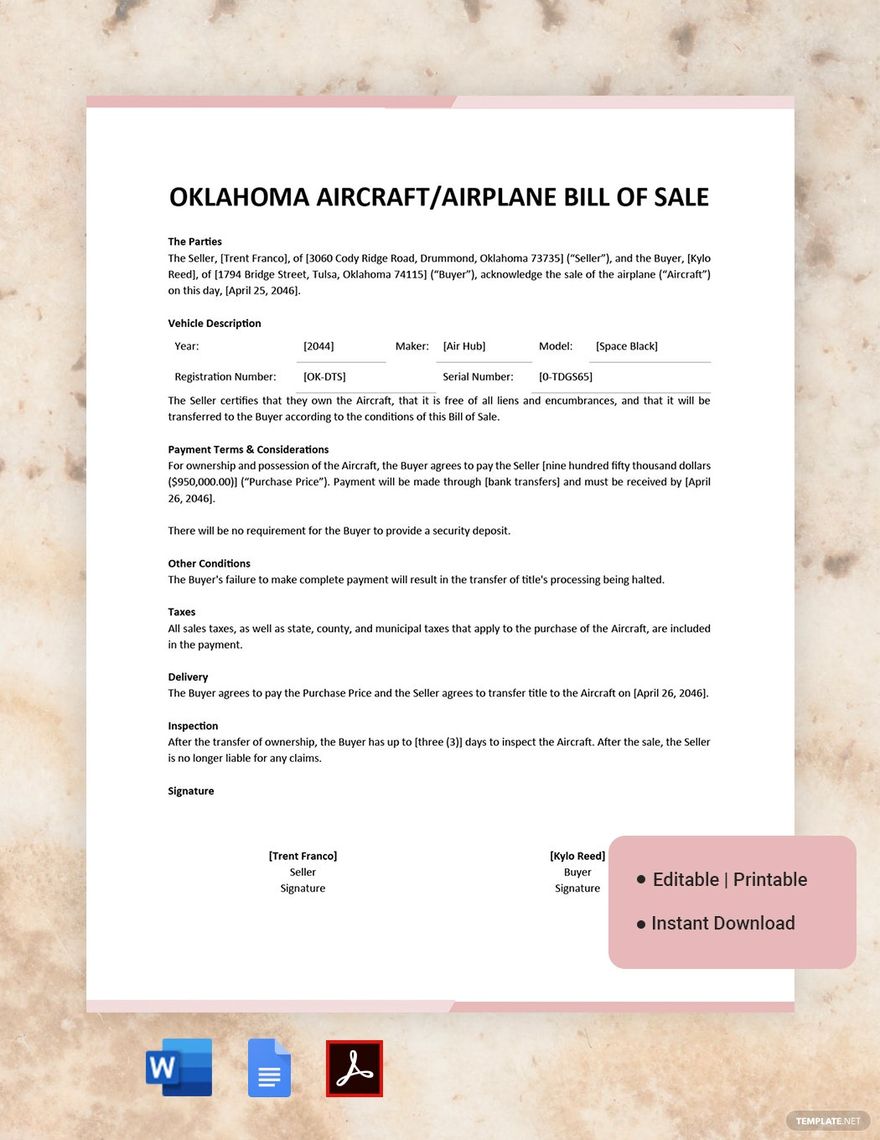 Oklahoma Aircraft/Airplane Bill of Sale Template