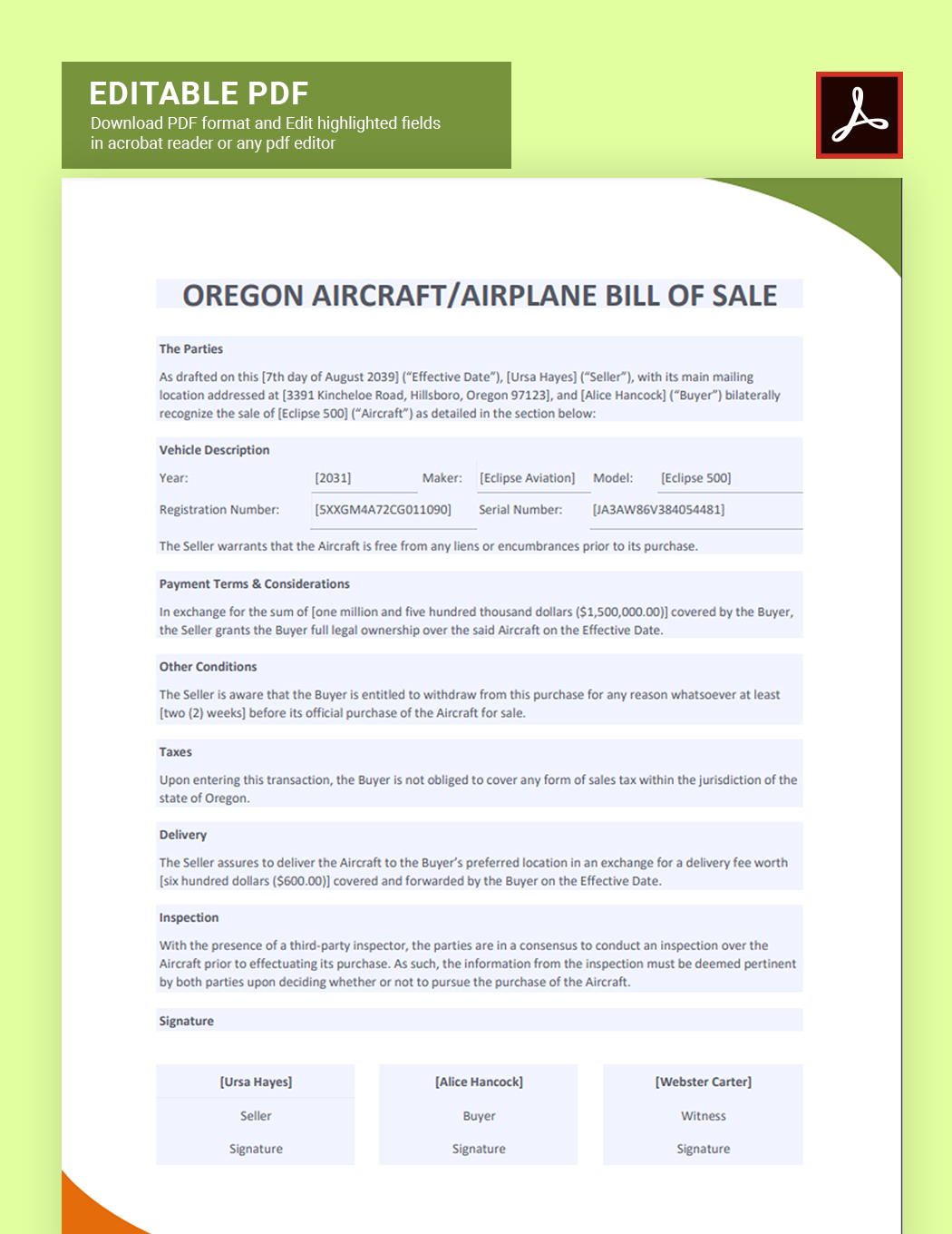 Oregon Aircraft/Airplane Bill of Sale Template