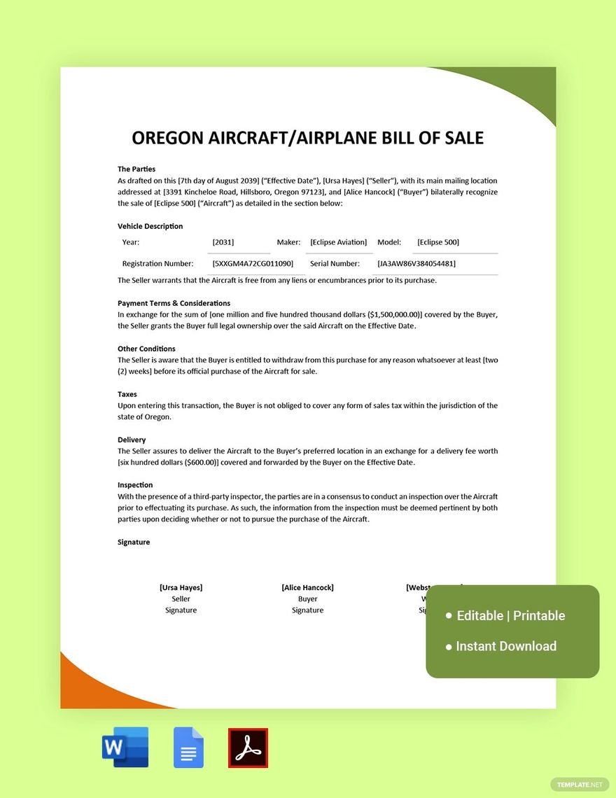 Oregon Aircraft/Airplane Bill of Sale Template in Word, Google Docs, PDF
