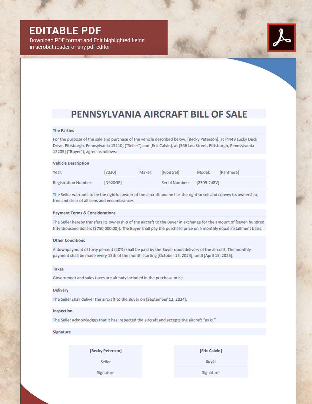 Pennsylvania Aircraft/Airplane Bill of Sale Template