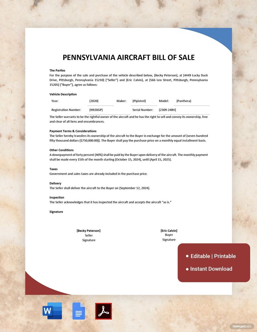 Pennsylvania Aircraft/Airplane Bill of Sale Template in Word, Google Docs, PDF