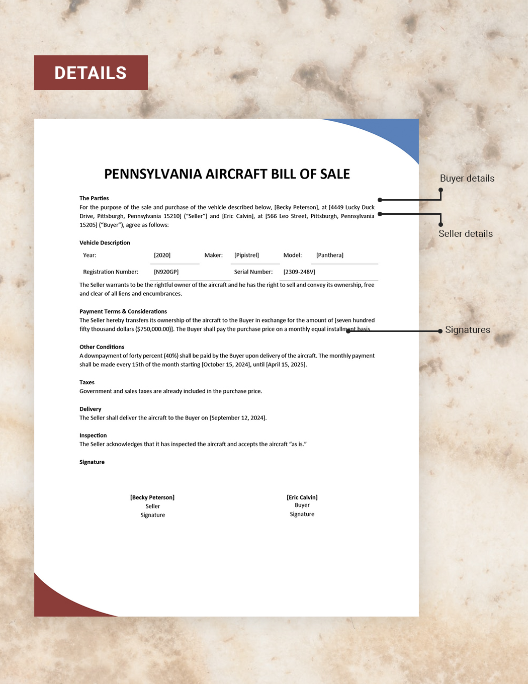 Pennsylvania Aircraft/Airplane Bill of Sale Template