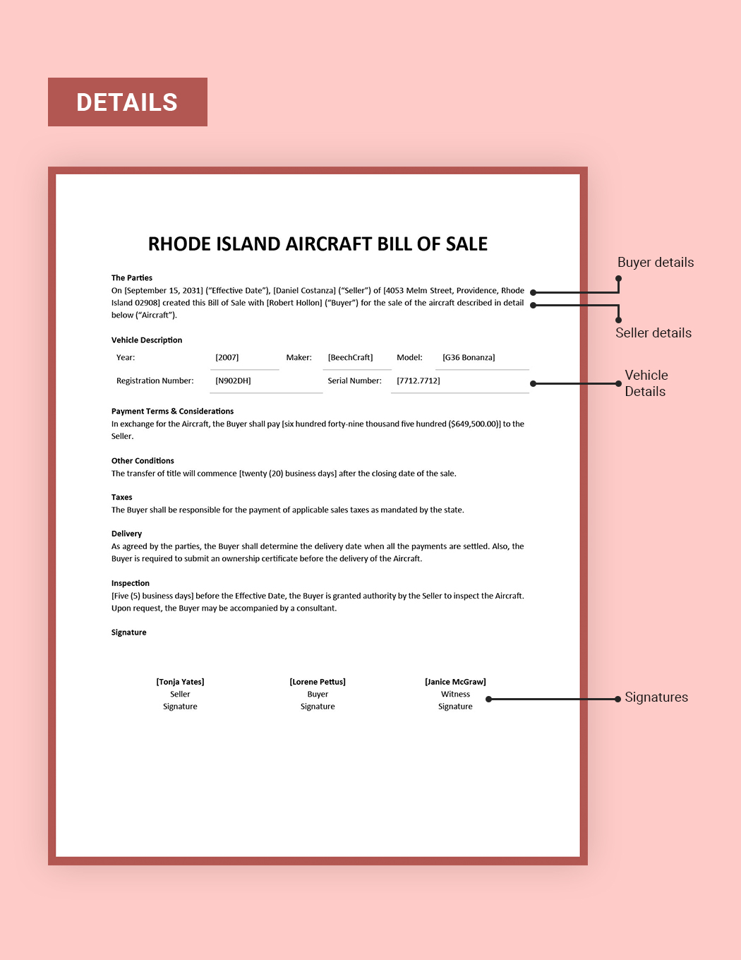 Rhode Island Aircraft/Airplane Bill Of Sale Template