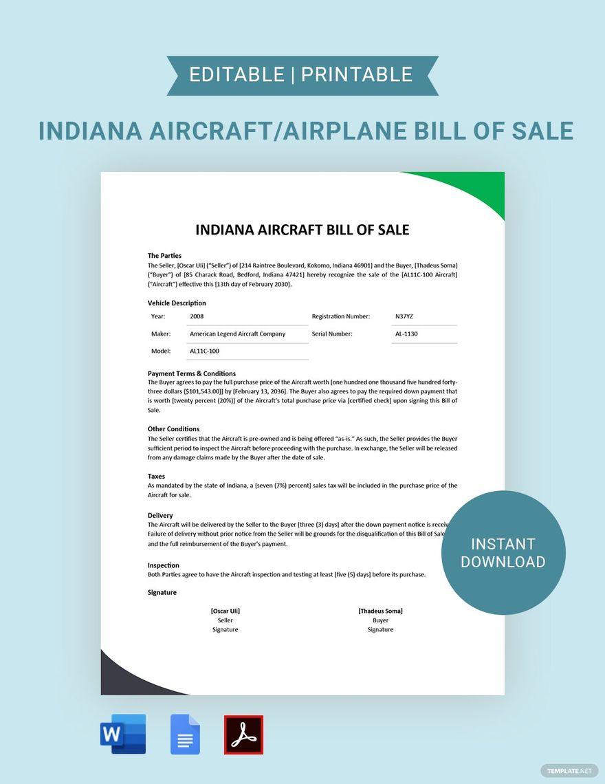 Indiana Aircraft / Airplane Bill of Sale Template in Word, Google Docs, PDF
