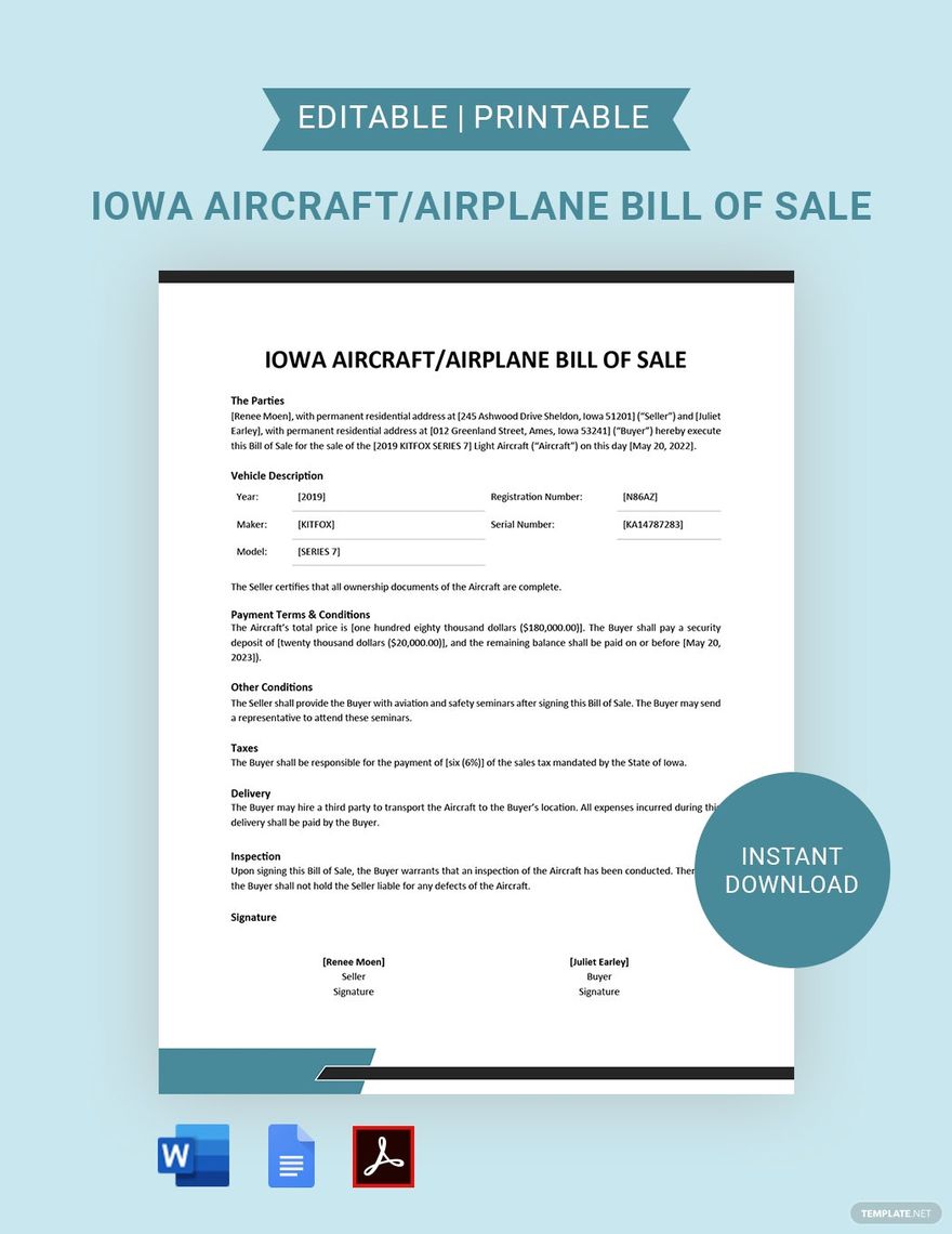 Iowa Aircraft / Airplane Bill of Sale Template in Word, Google Docs, PDF
