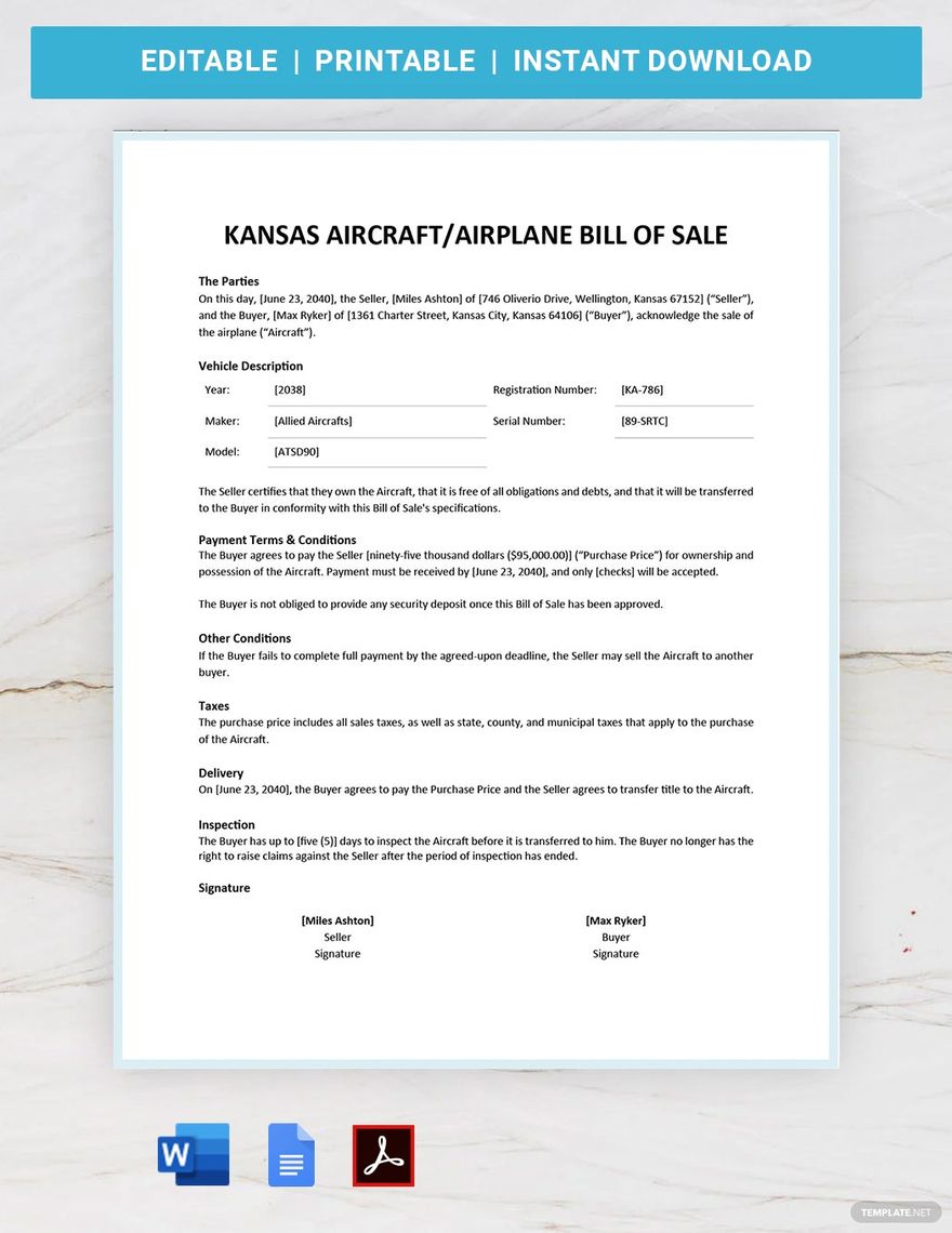 Kansas Aircraft / Airplane Bill of Sale Template in Word, Google Docs, PDF