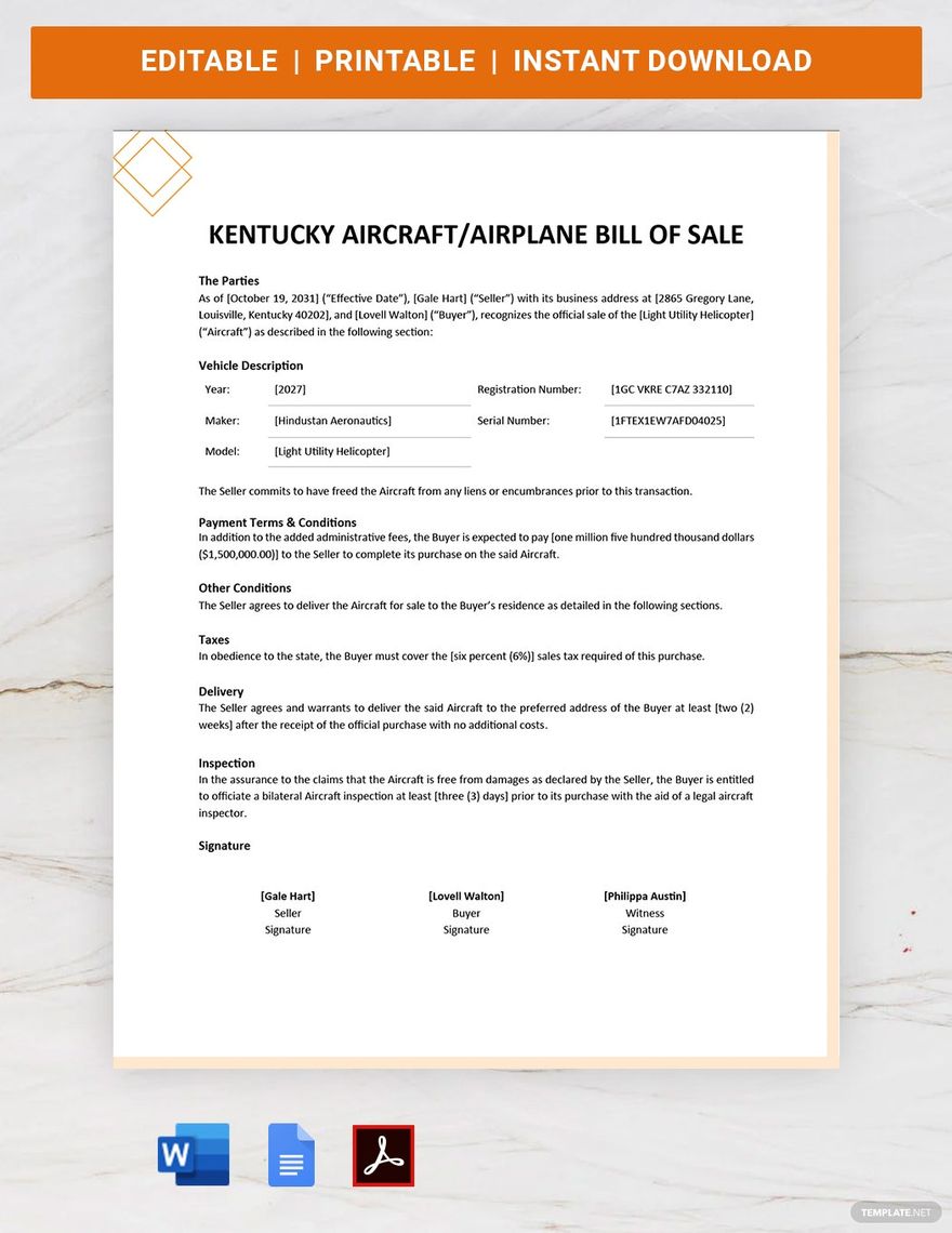 Kentucky Aircraft / Airplane Bill of Sale Template