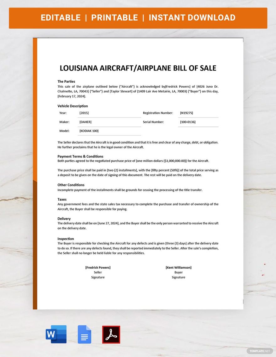 Louisiana Aircraft / Airplane Bill of Sale Template