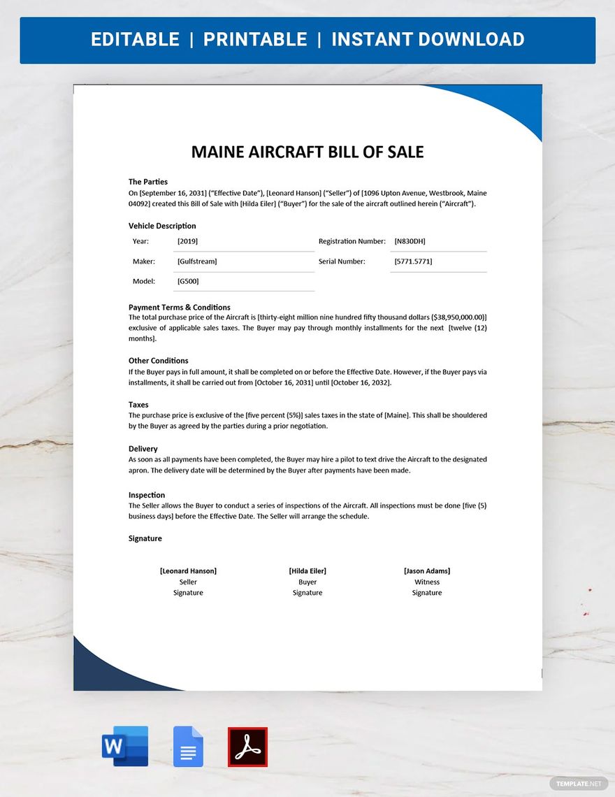 Maine Aircraft / Airplane Bill of Sale Template in Word, Google Docs, PDF