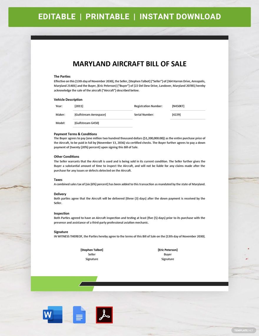 Maryland Aircraft / Airplane Bill of Sale Form Template