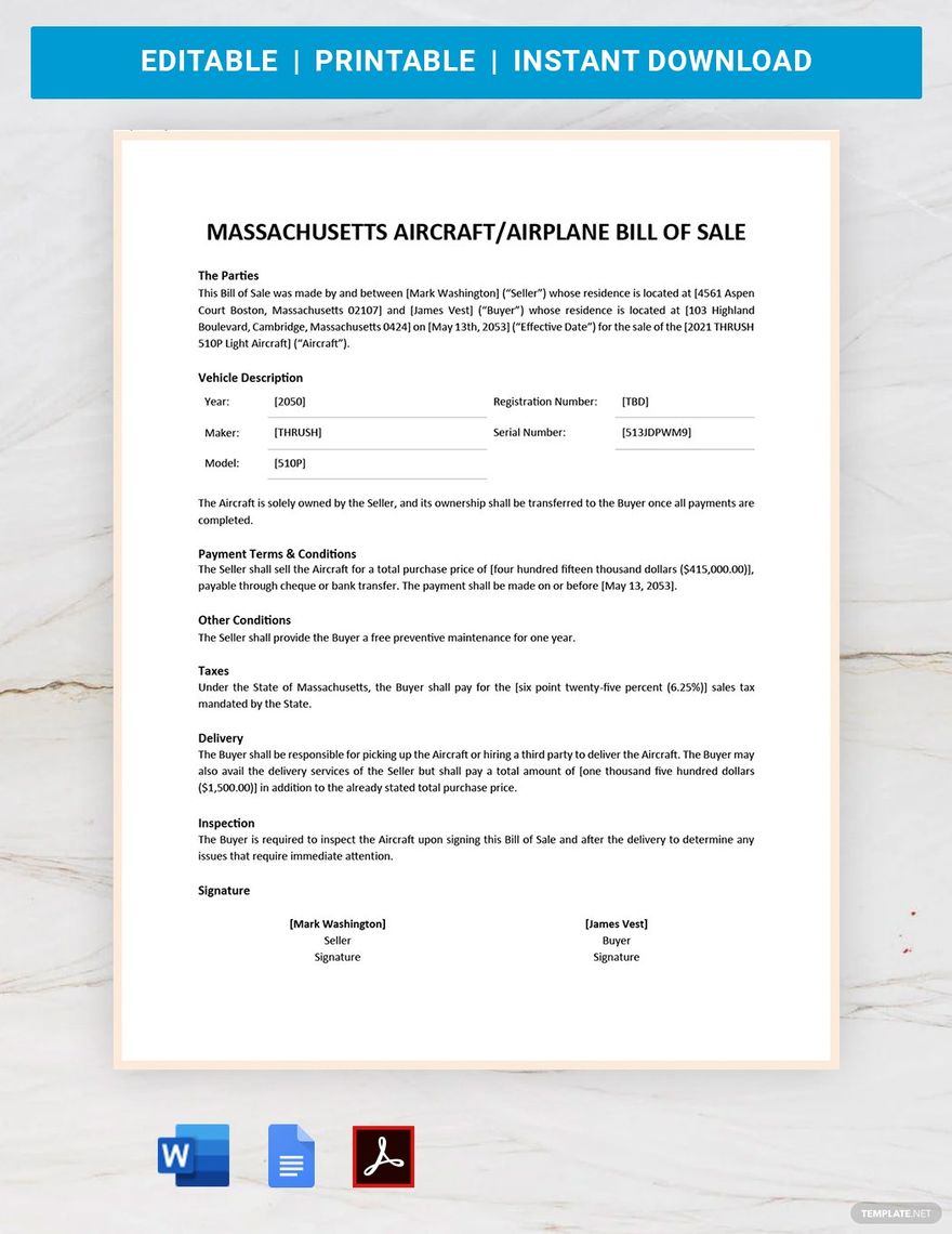 Massachusetts Aircraft / Airplane Bill of Sale Form Template in Word, Google Docs, PDF