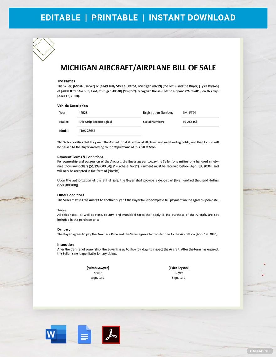 Michigan Aircraft / Airplane Bill of Sale Template in Word, Google Docs, PDF