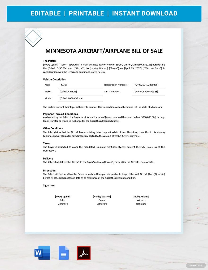 Minnesota Aircraft / Airplane Bill of Sale Template