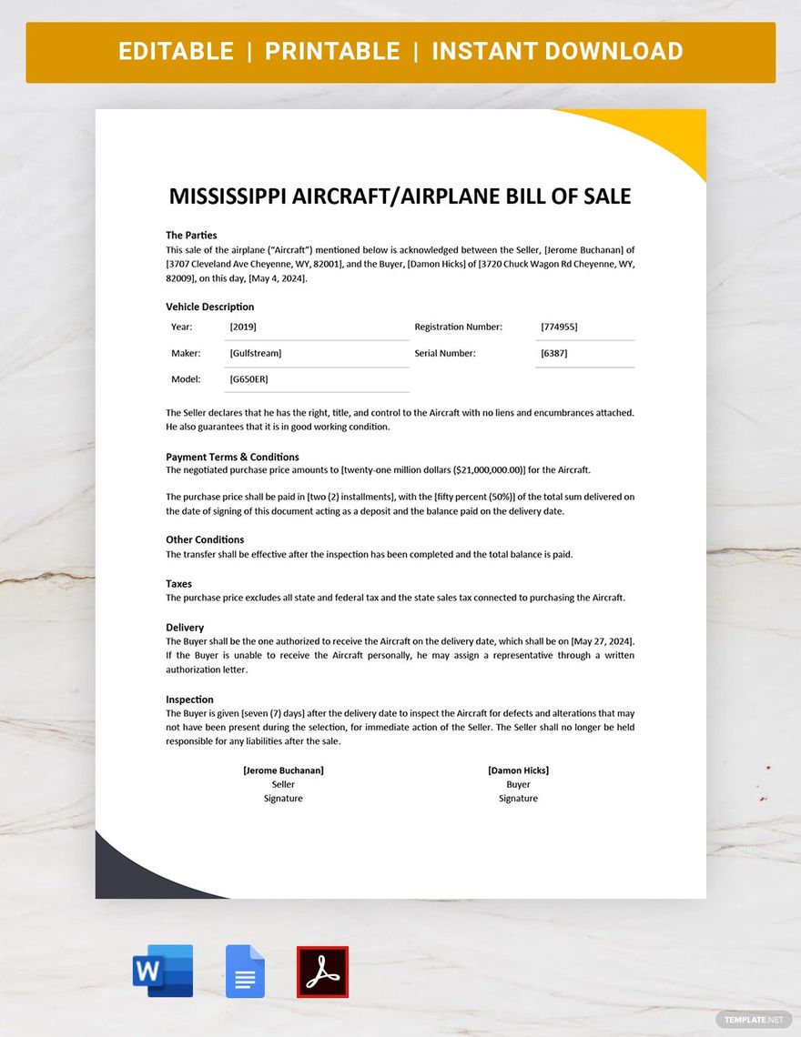 Mississippi Aircraft / Airplane Bill of Sale Template