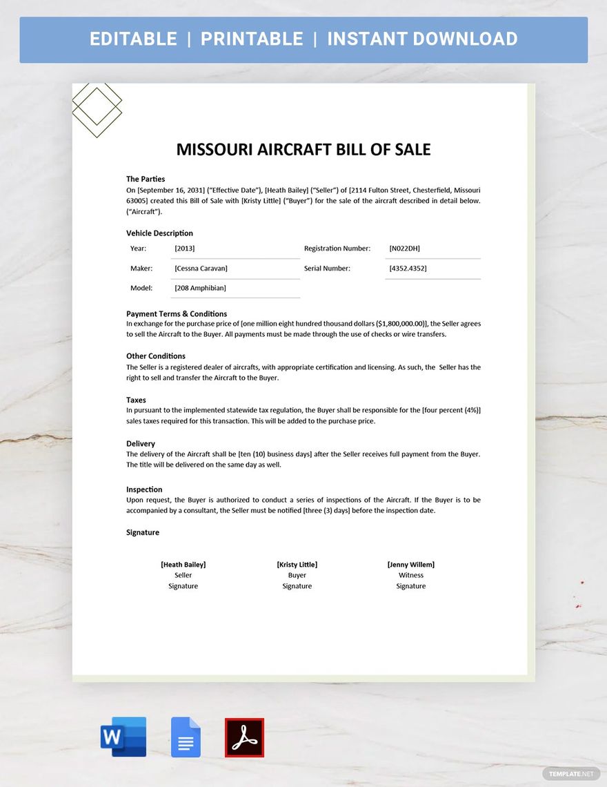 Missouri Aircraft / Airplane Bill of Sale Template