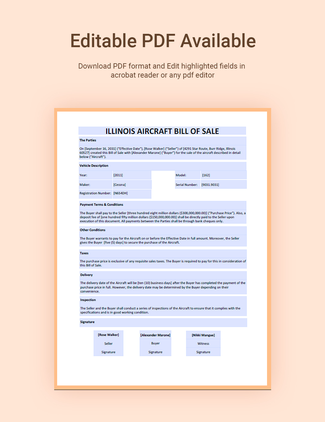 Illinois Aircraft / Airplane Bill of Sale Template