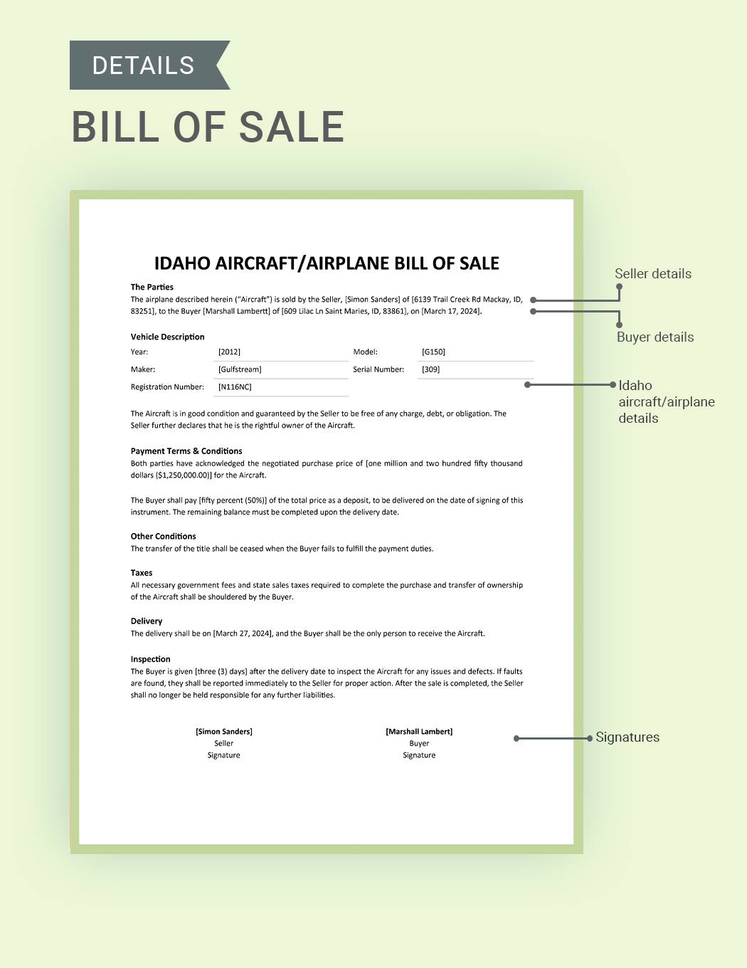 Idaho Aircraft / Airplane Bill of Sale Template