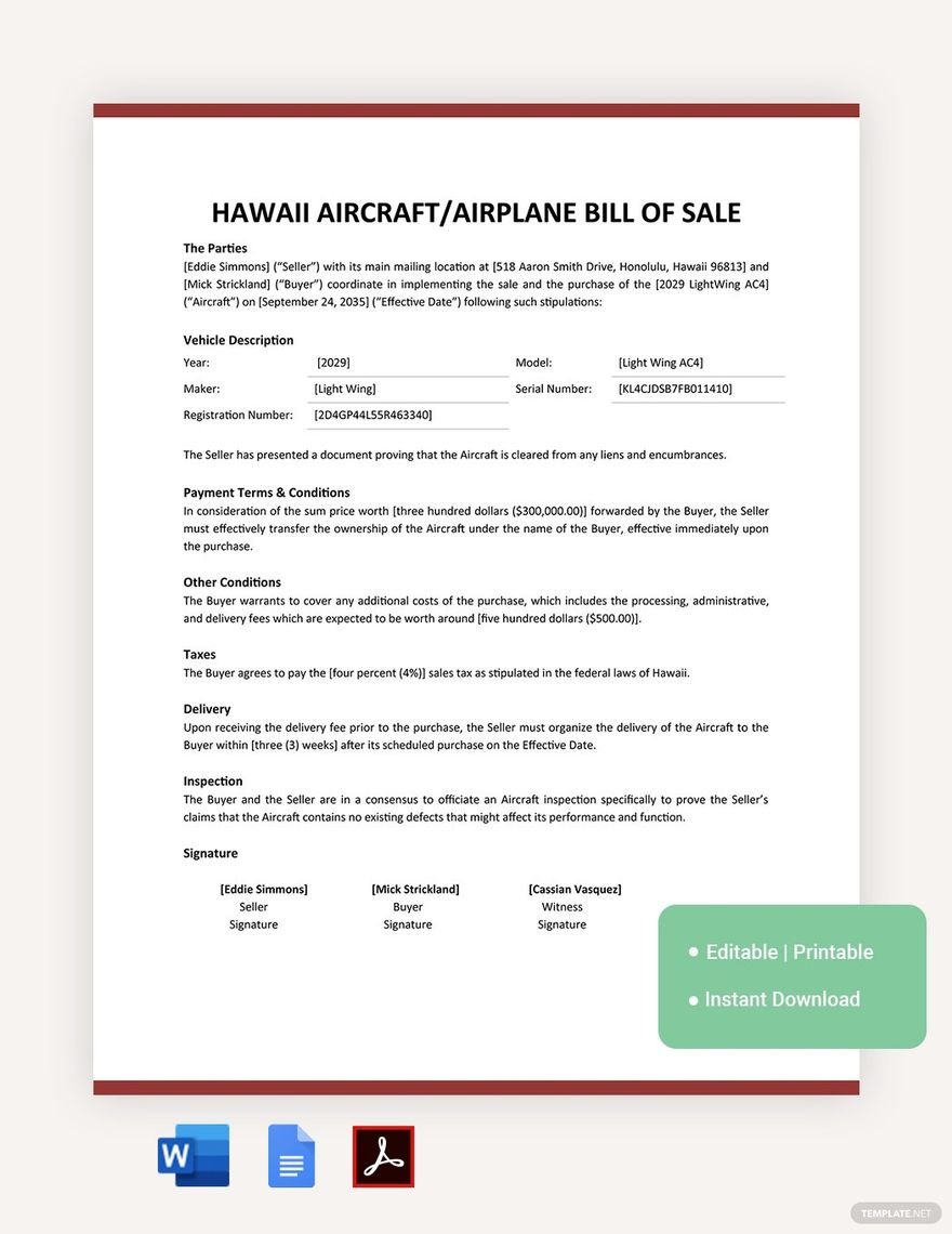 Hawaii Aircraft / Airplane Bill of Sale Template in Google Docs PDF