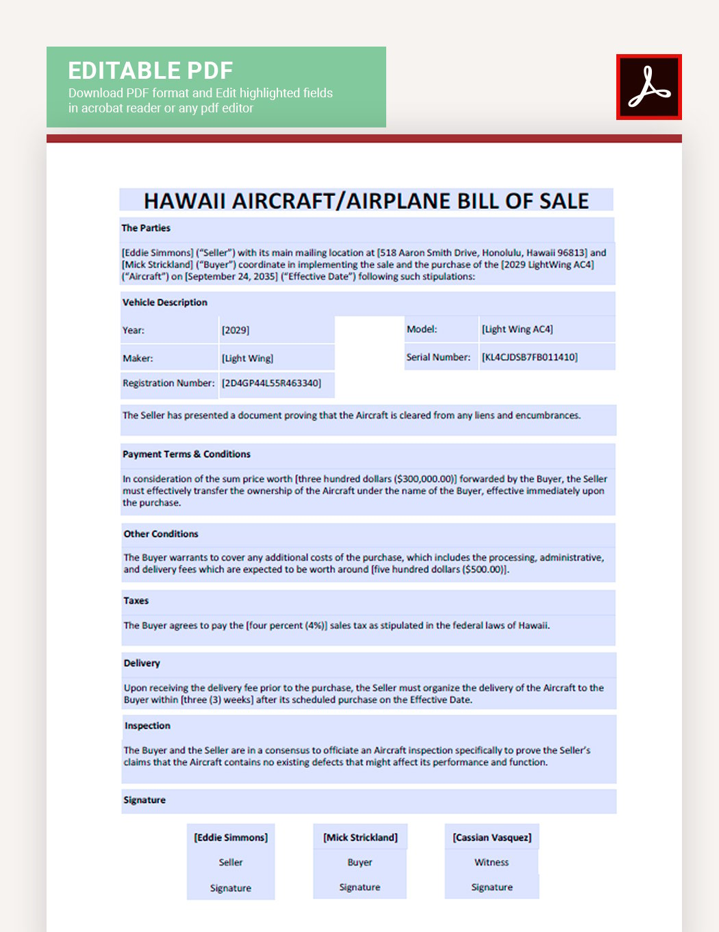 Hawaii Aircraft / Airplane Bill of Sale Template